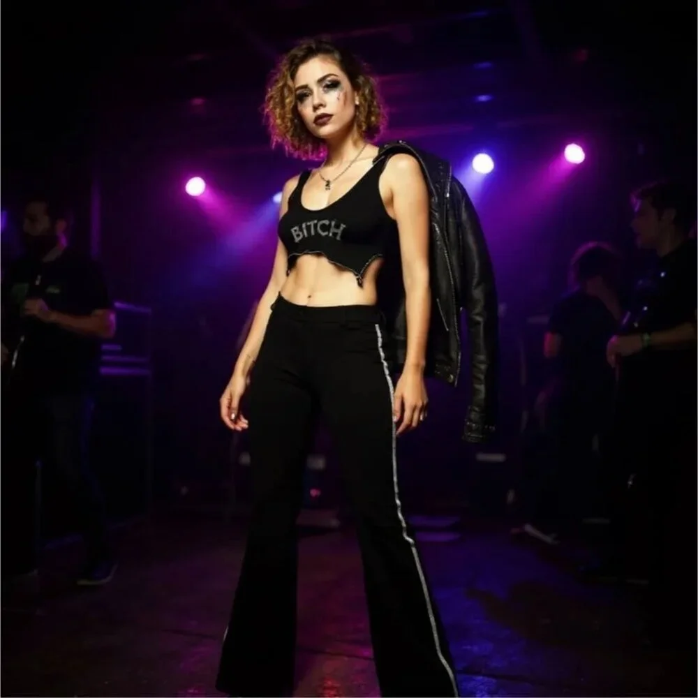 Poster Grl ✦ Rhinestone Stripe Icicle Gaze Flares ✦ Black High‑Rise Stretch Pant - Picture 6 of 8